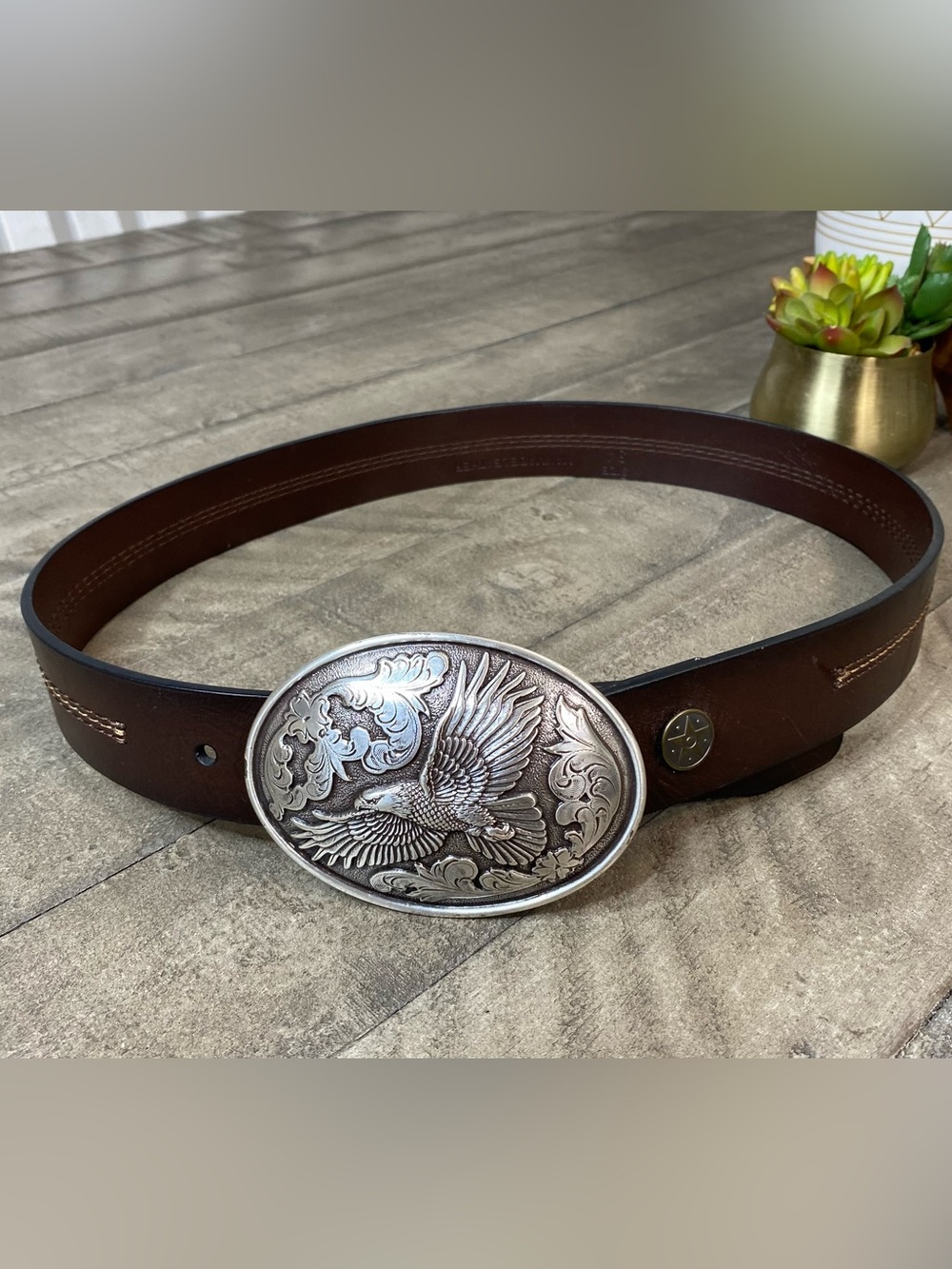 Nocona Women's Brown Leather Western Belt  Flying Eagle Oval Buckle 37044 Sz 34